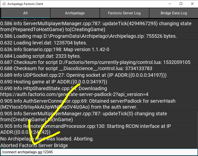 Factorio Client for Archipelago Connection Command